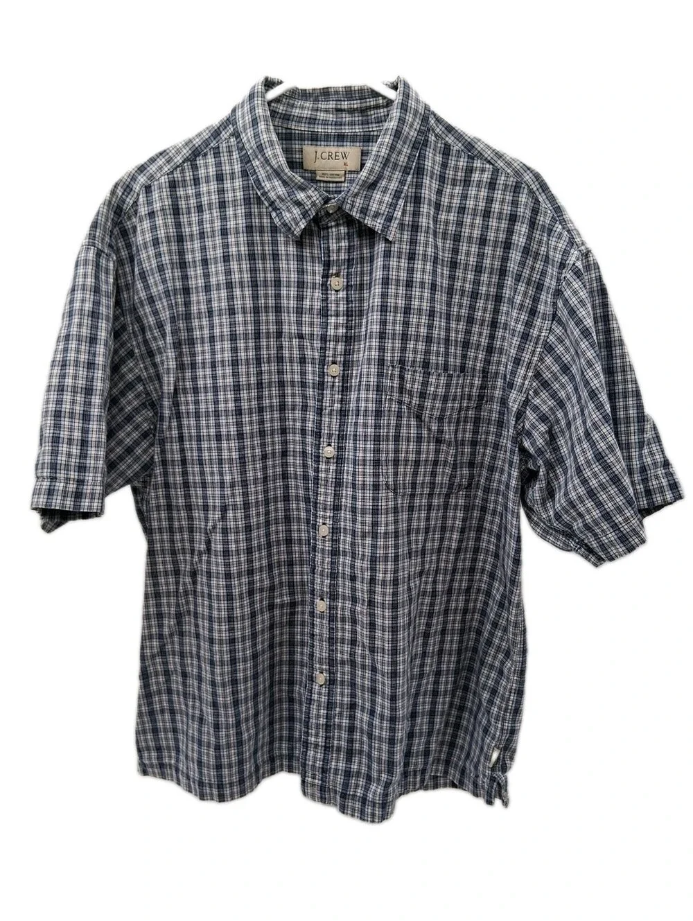 J.Crew Shirt Mens XL Blue Plaid Button Up Cotton Casual Short Sleeve Check Y2k